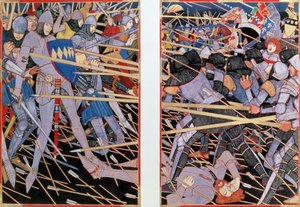 Illusztráció az otterbourne-i csatához: De Persie gudafonatos kardjával (guache, arany és tinta papíron)
